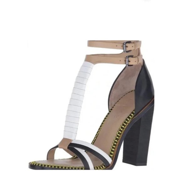 L.A.M.B Gwen Stefani Oracle T-Strap Strappy Leather Stacked Sandal Heels Size 9 - Picture 1 of 12